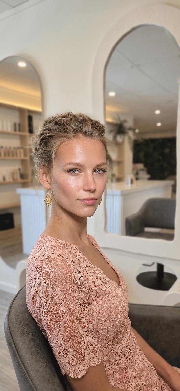 Soft textured dirty blonde updo for evening